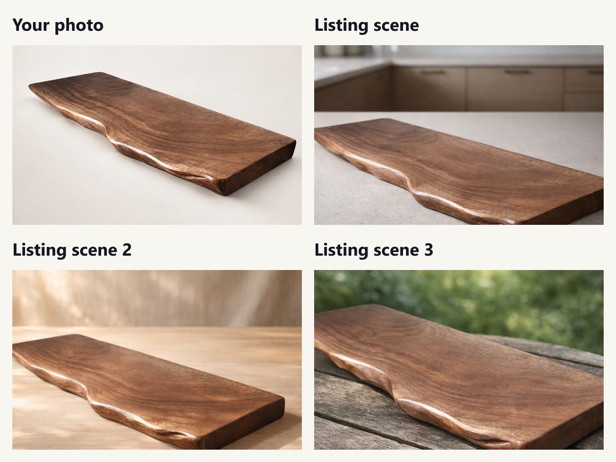 Example package made from one product photo of a live-edge walnut serving board: the original photo top left, and three listing scenes that are renders generated from that photo.